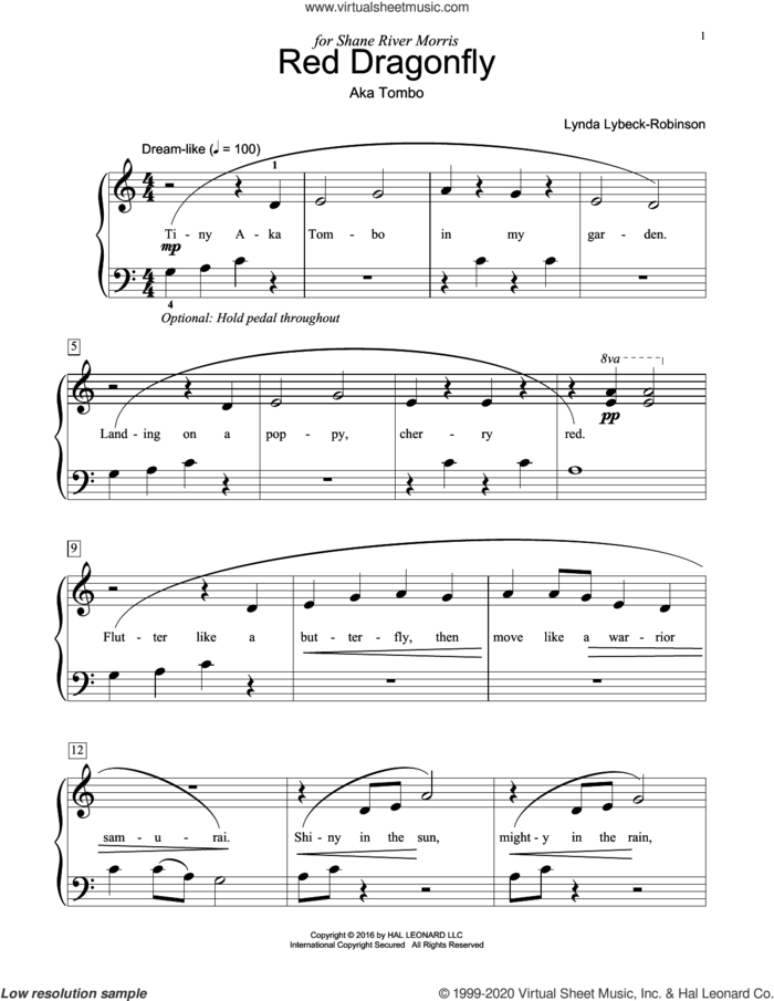 Red Dragonfly sheet music for piano solo (elementary) by Lynda Lybeck-Robinson, beginner piano (elementary)