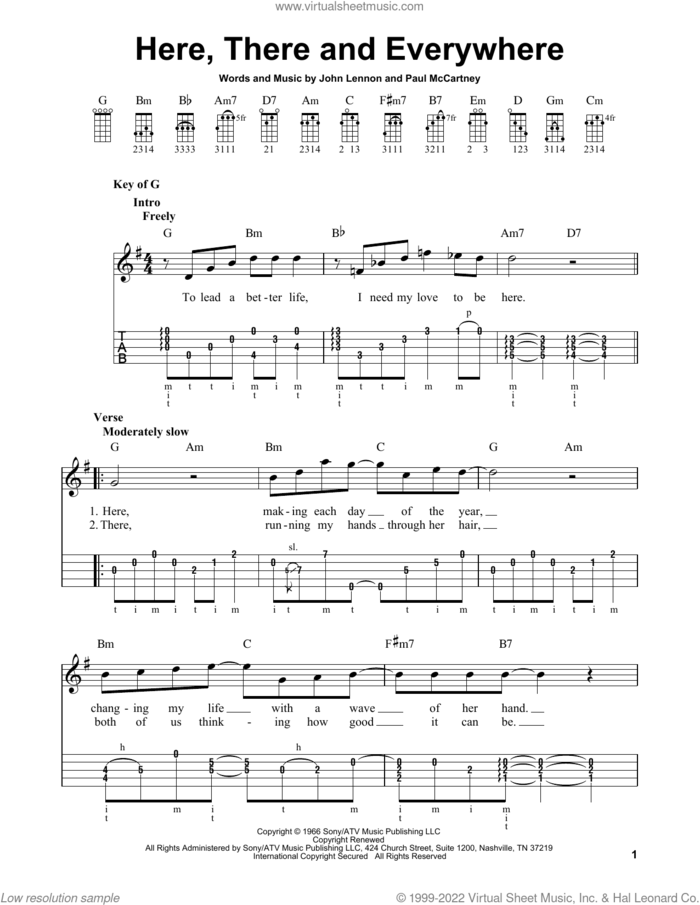 Here, There And Everywhere sheet music for banjo solo by The Beatles, George Benson, John Lennon and Paul McCartney, wedding score, intermediate skill level