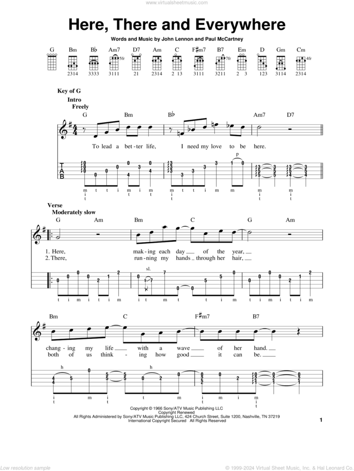 Here, There And Everywhere sheet music for banjo solo by The Beatles, George Benson, John Lennon and Paul McCartney, wedding score, intermediate skill level