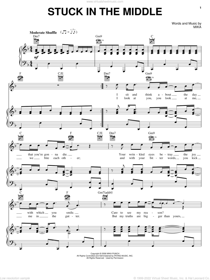 Stuck In The Middle sheet music for voice, piano or guitar by Mika, intermediate skill level