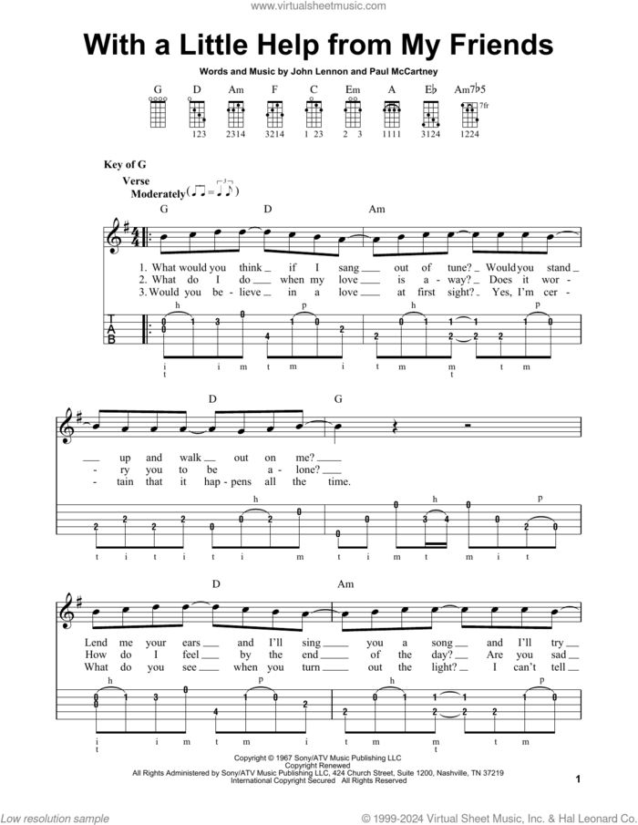 With A Little Help From My Friends sheet music for banjo solo by The Beatles, Joe Cocker, Sam And Mark, John Lennon and Paul McCartney, intermediate skill level