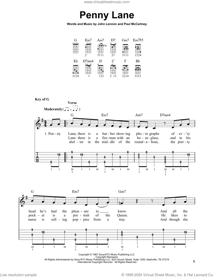 Penny Lane sheet music for banjo solo by The Beatles, John Lennon and Paul McCartney, intermediate skill level