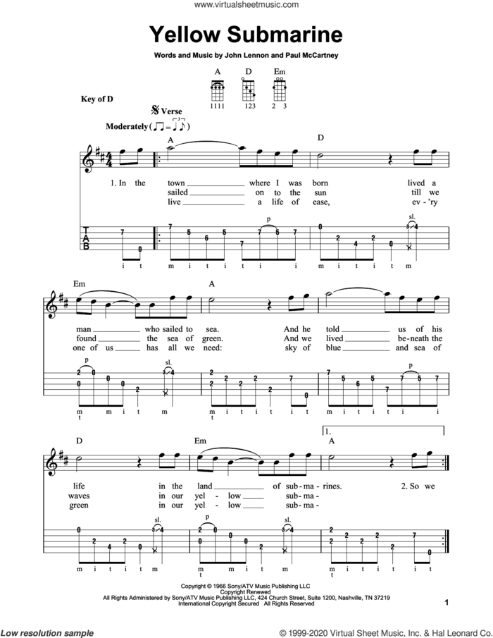 Yellow Submarine sheet music for banjo solo by The Beatles, John Lennon and Paul McCartney, intermediate skill level