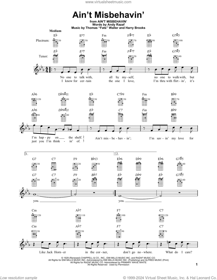 Ain't Misbehavin' sheet music for banjo solo by Andy Razaf, Hank Williams, Jr., Thomas Waller and Harry Brooks, intermediate skill level