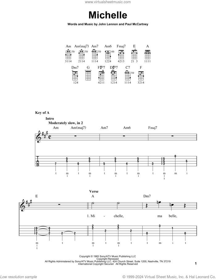 Michelle sheet music for banjo solo by The Beatles, John Lennon and Paul McCartney, intermediate skill level