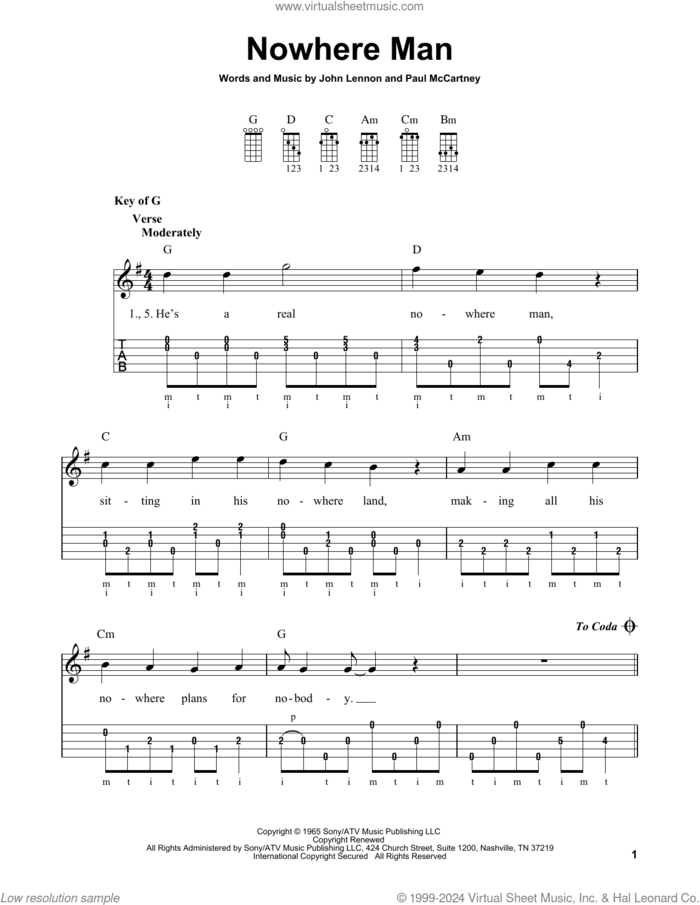 Nowhere Man sheet music for banjo solo by The Beatles, John Lennon and Paul McCartney, intermediate skill level