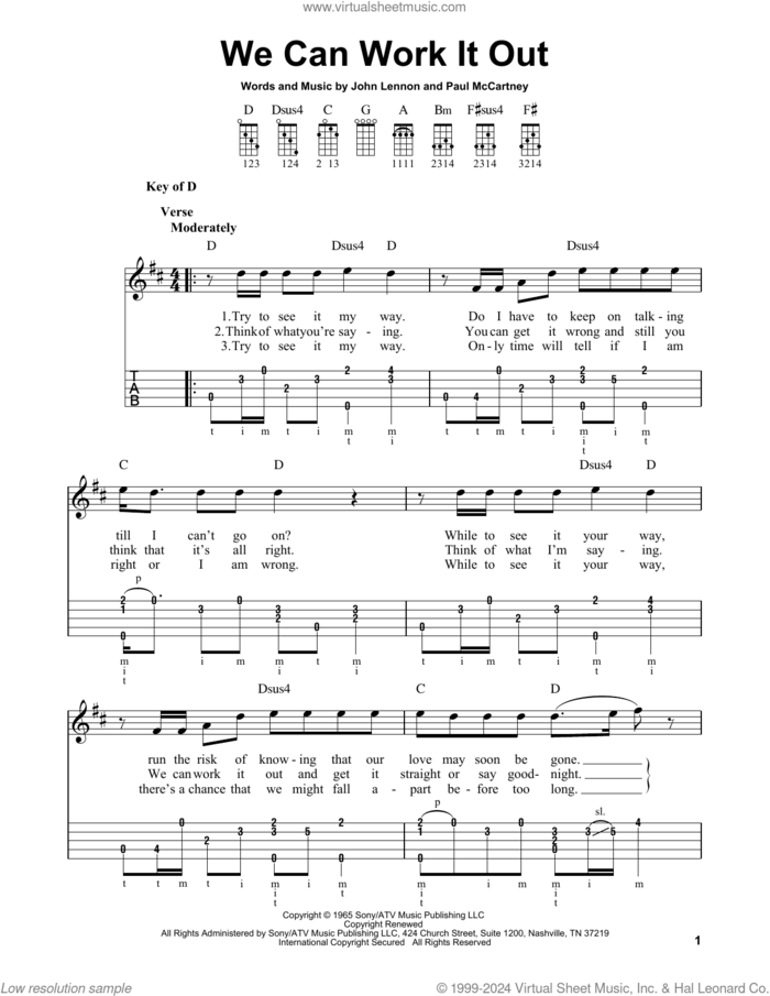 We Can Work It Out sheet music for banjo solo by The Beatles, John Lennon and Paul McCartney, intermediate skill level