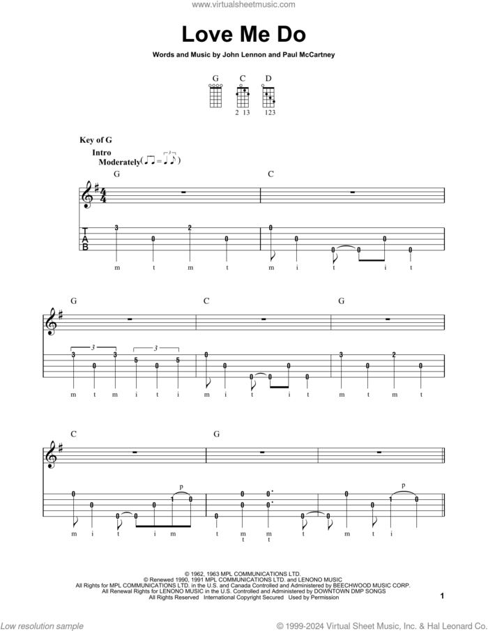 Love Me Do sheet music for banjo solo by The Beatles, John Lennon and Paul McCartney, intermediate skill level