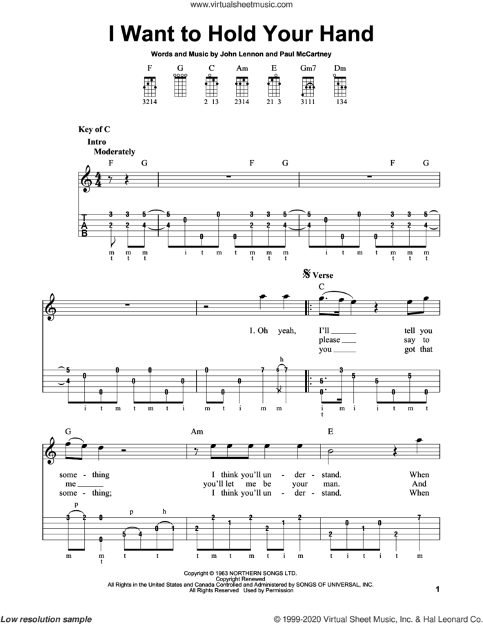 I Want To Hold Your Hand sheet music for banjo solo by The Beatles, John Lennon and Paul McCartney, intermediate skill level