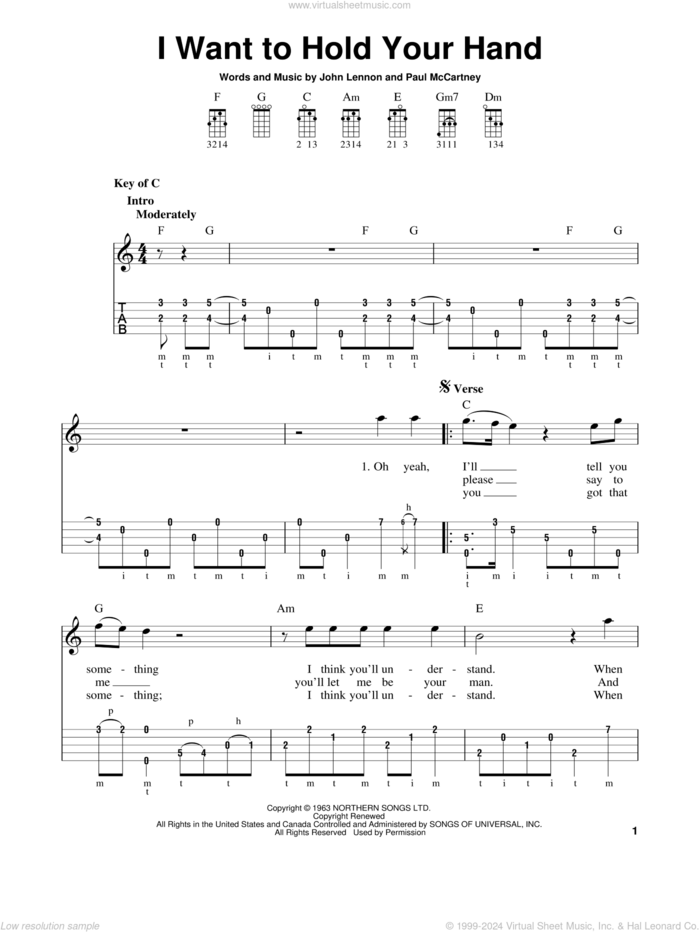 I Want To Hold Your Hand sheet music for banjo solo by The Beatles, John Lennon and Paul McCartney, intermediate skill level