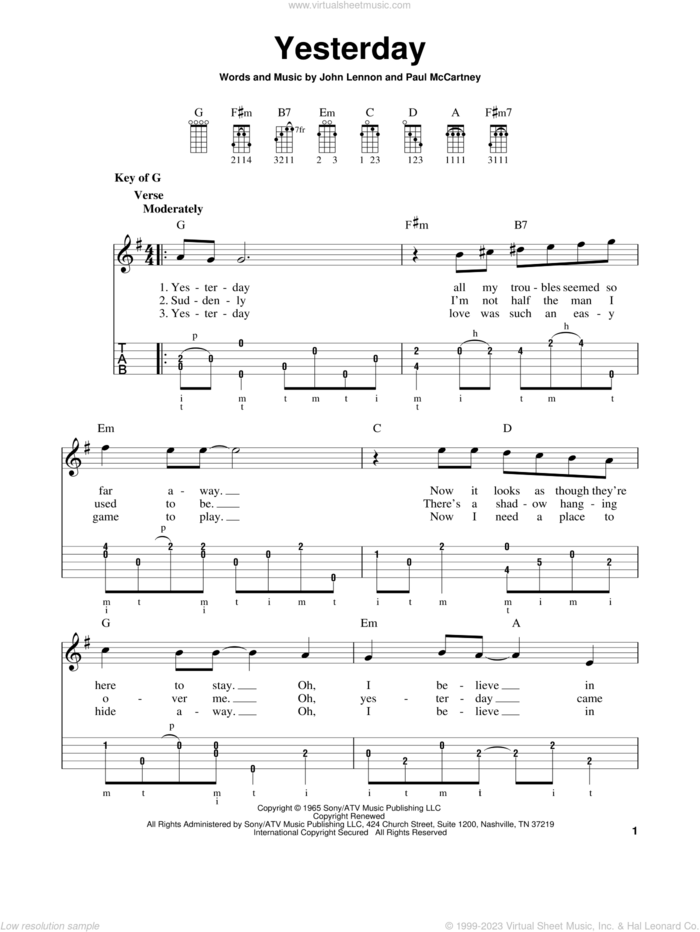 Yesterday sheet music for banjo solo by The Beatles, John Lennon and Paul McCartney, intermediate skill level