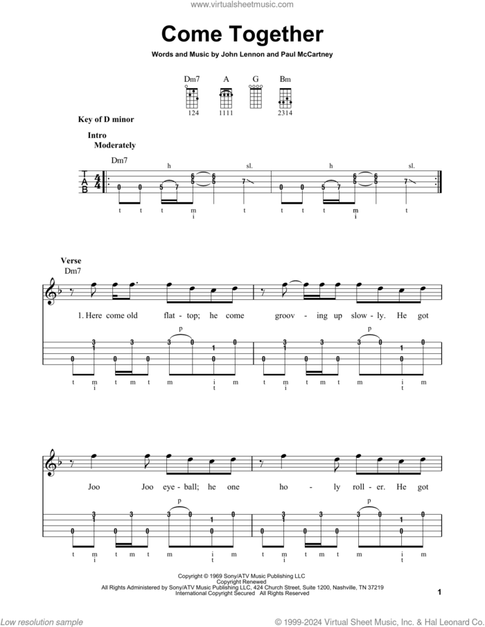 Come Together sheet music for banjo solo by The Beatles, Aerosmith, John Lennon and Paul McCartney, intermediate skill level