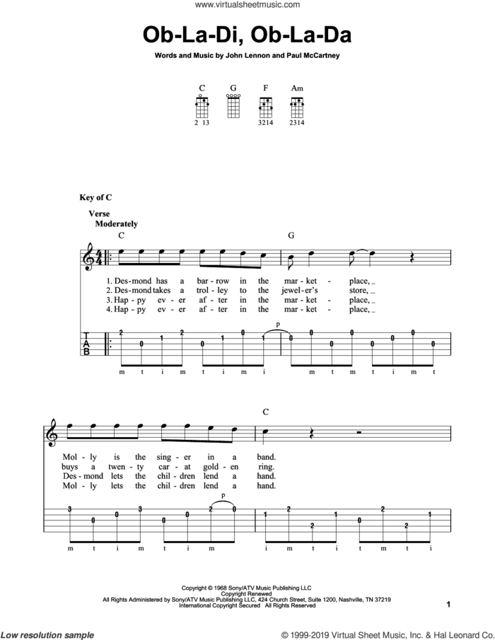 Ob-La-Di, Ob-La-Da sheet music for banjo solo by The Beatles, John Lennon and Paul McCartney, intermediate skill level