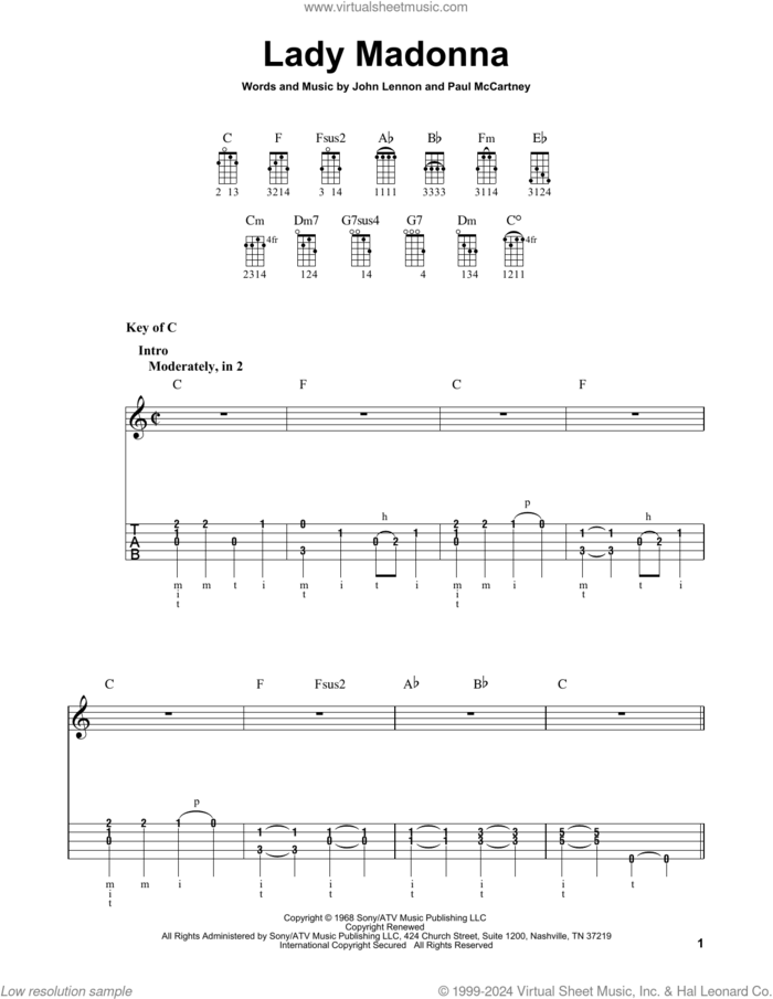 Lady Madonna sheet music for banjo solo by The Beatles, John Lennon and Paul McCartney, intermediate skill level