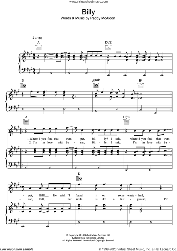 Billy sheet music for voice, piano or guitar by Prefab Sprout, intermediate skill level