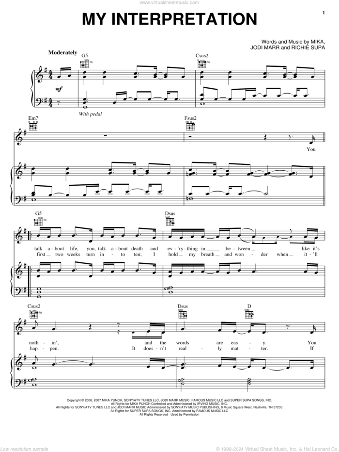 My Interpretation sheet music for voice, piano or guitar by Mika, Jodi Marr and Richie Supa, intermediate skill level