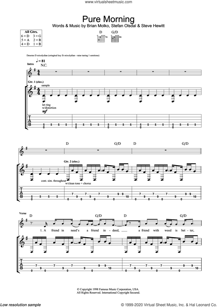 Pure Morning sheet music for guitar (tablature) by Placebo, Brian Molko, Stefan Olsdal and Steve Hewitt, intermediate skill level