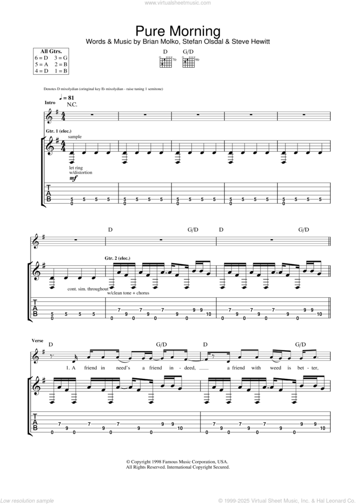 Pure Morning sheet music for guitar (tablature) by Placebo, Brian Molko, Stefan Olsdal and Steve Hewitt, intermediate skill level