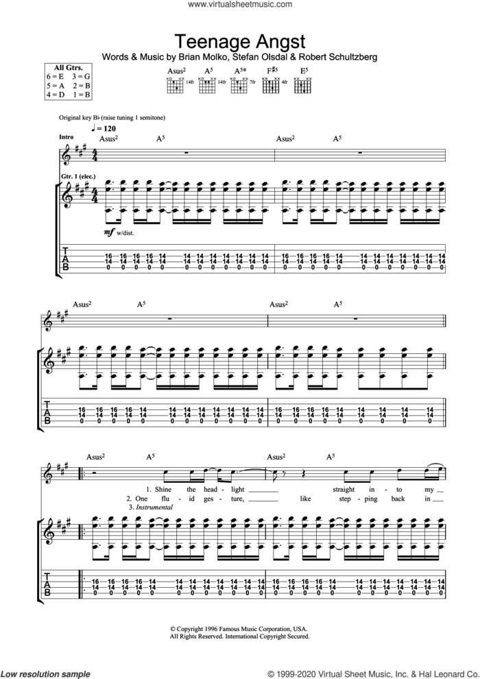 Teenage Angst sheet music for guitar (tablature) by Placebo, Brian Molko, Robert Schultzberg and Stefan Olsdal, intermediate skill level
