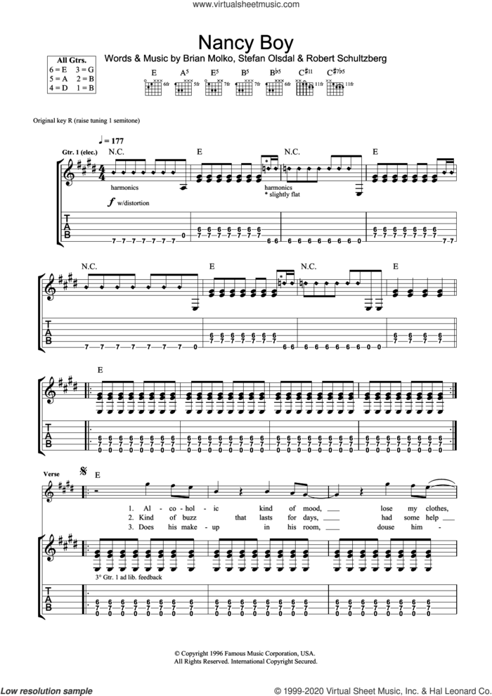 Nancy Boy sheet music for guitar (tablature) by Placebo, Brian Molko, Robert Schultzberg and Stefan Olsdal, intermediate skill level