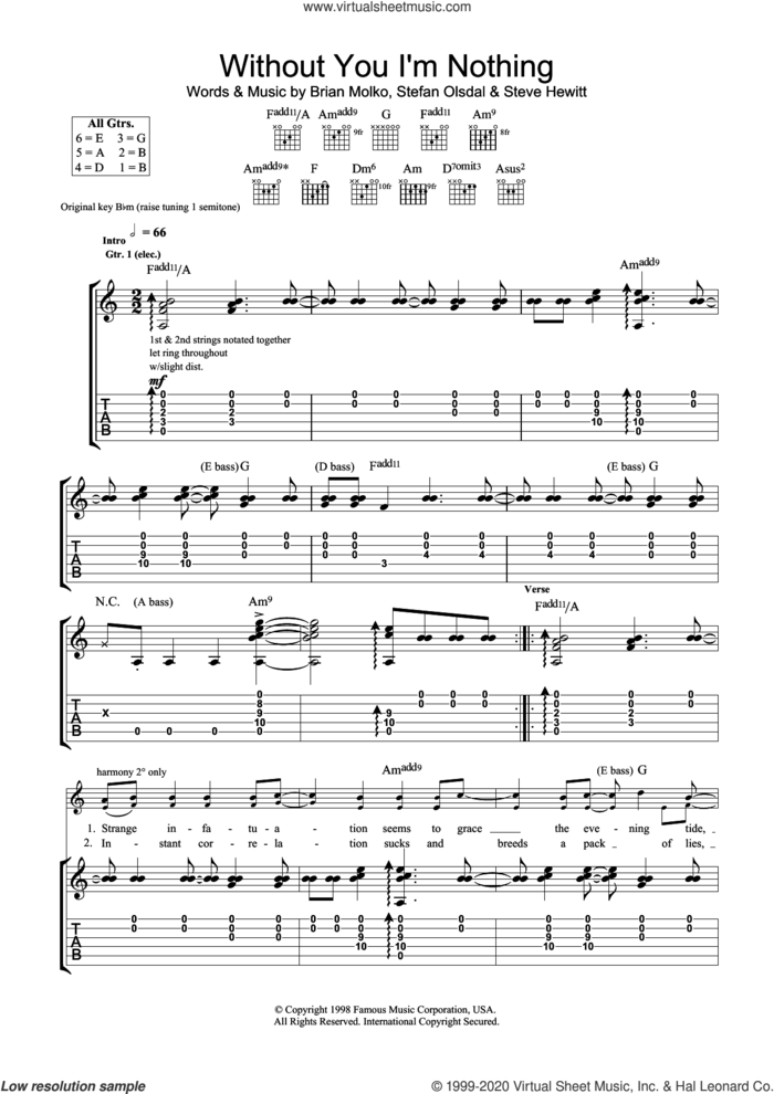 Without You I'm Nothing sheet music for guitar (tablature) by Placebo, Brian Molko, Stefan Olsdal and Steve Hewitt, intermediate skill level