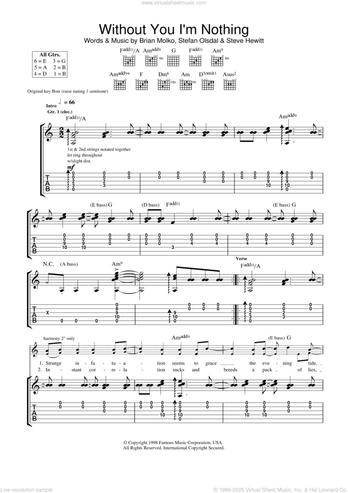 Without You I'm Nothing sheet music for guitar (tablature) by Placebo, Brian Molko, Stefan Olsdal and Steve Hewitt, intermediate skill level