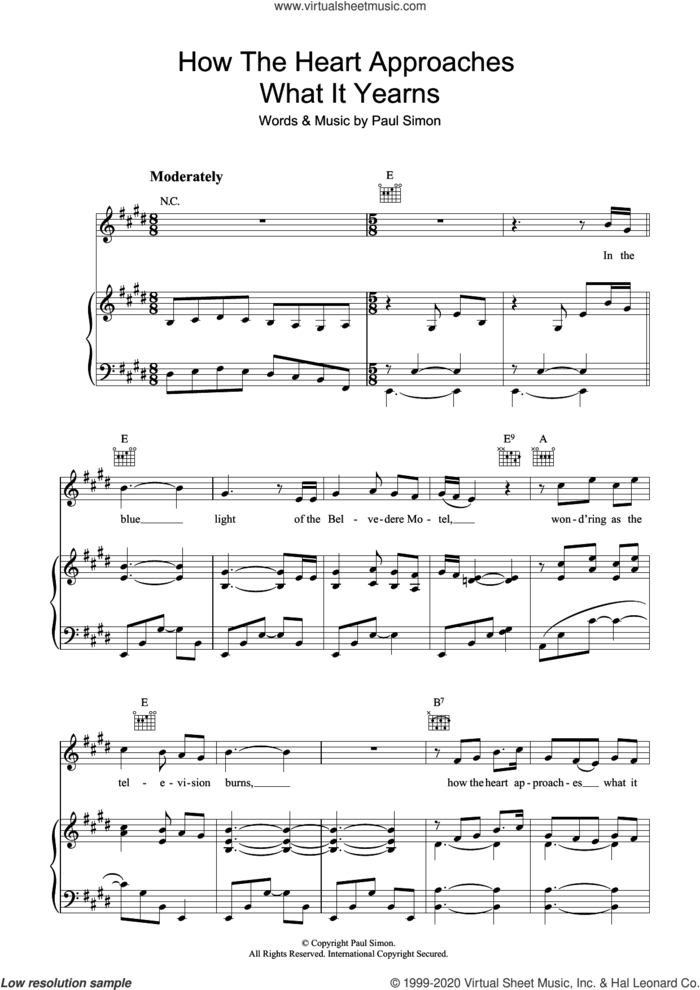 How The Heart Approaches What It Yearns sheet music for voice, piano or guitar by Paul Simon, intermediate skill level