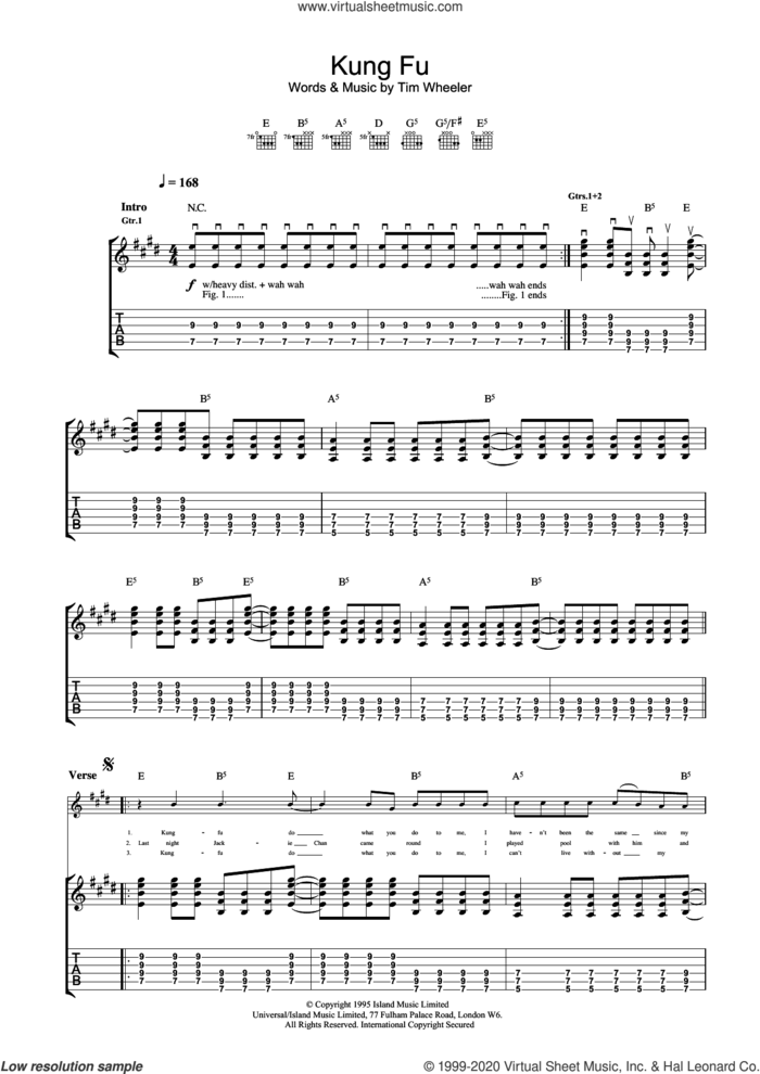 Kung Fu sheet music for guitar (tablature) by Tim Wheeler, intermediate skill level