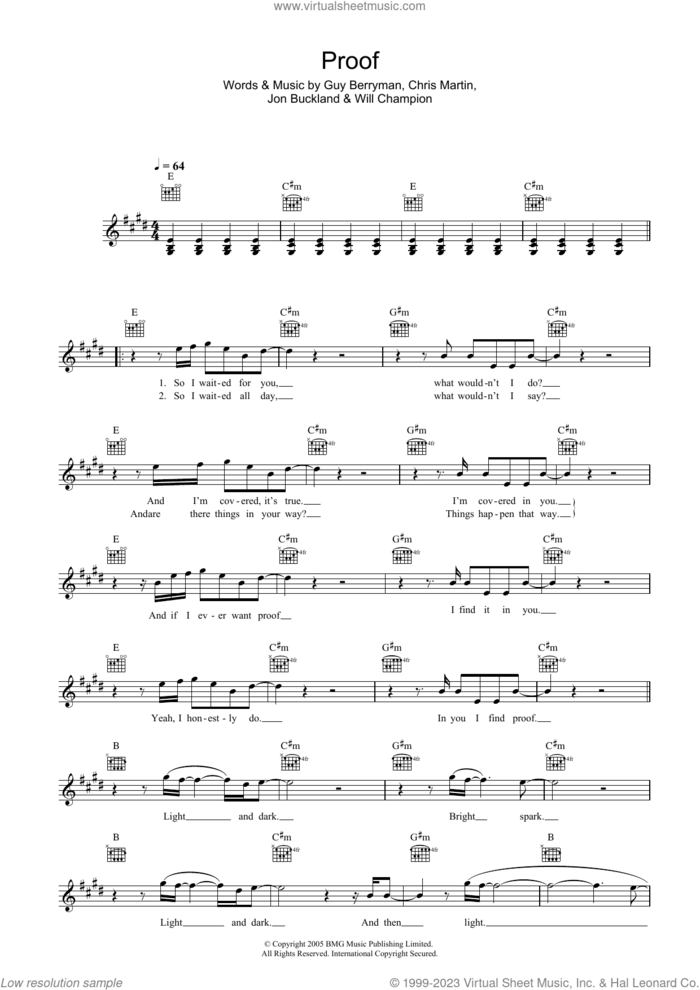 Proof sheet music for voice and other instruments (fake book) by Coldplay, Chris Martin, Guy Berryman, Jonny Buckland and Will Champion, intermediate skill level