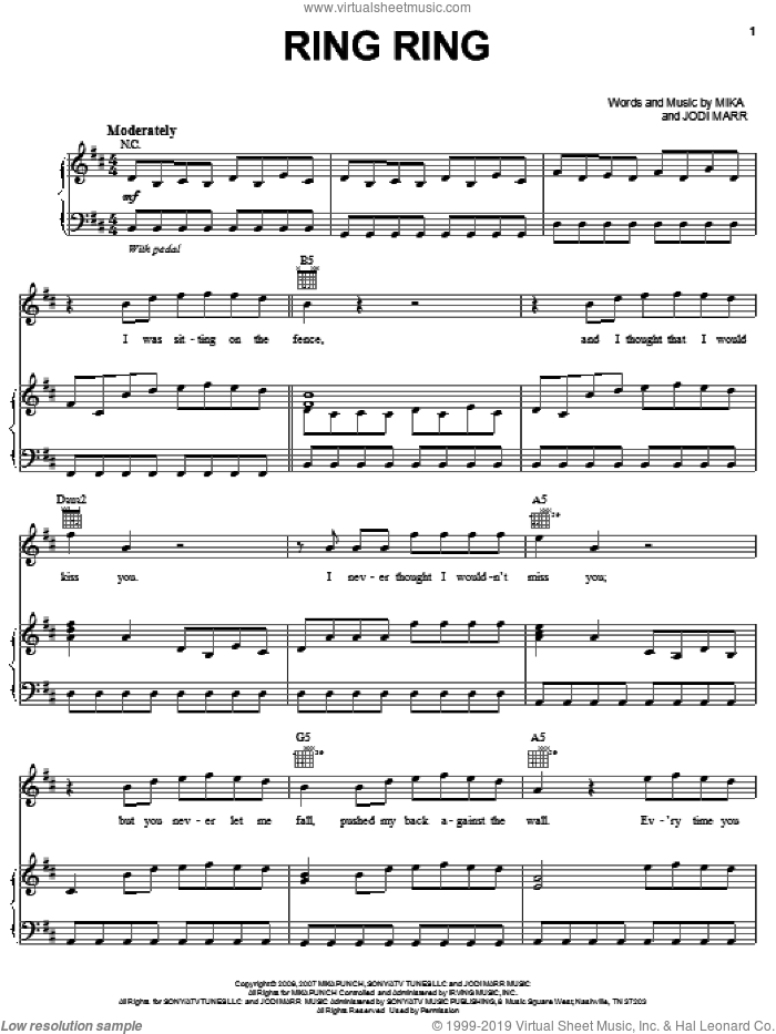 Ring Ring sheet music for voice, piano or guitar by Mika and Jodi Marr, intermediate skill level
