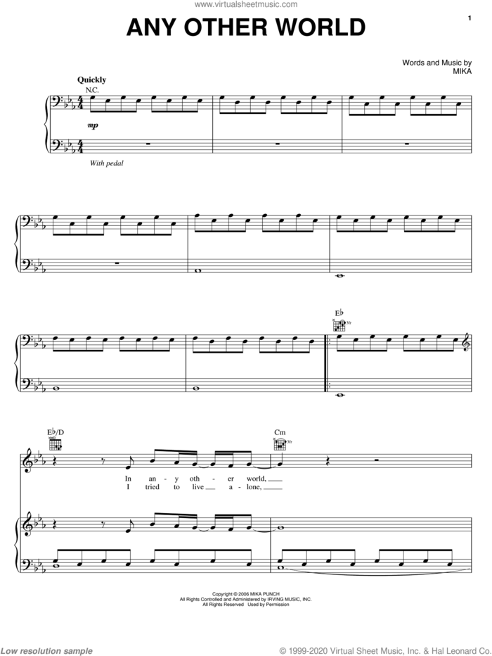 Any Other World sheet music for voice, piano or guitar by Mika, intermediate skill level