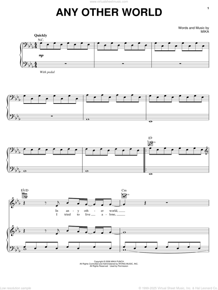 Any Other World sheet music for voice, piano or guitar by Mika, intermediate skill level