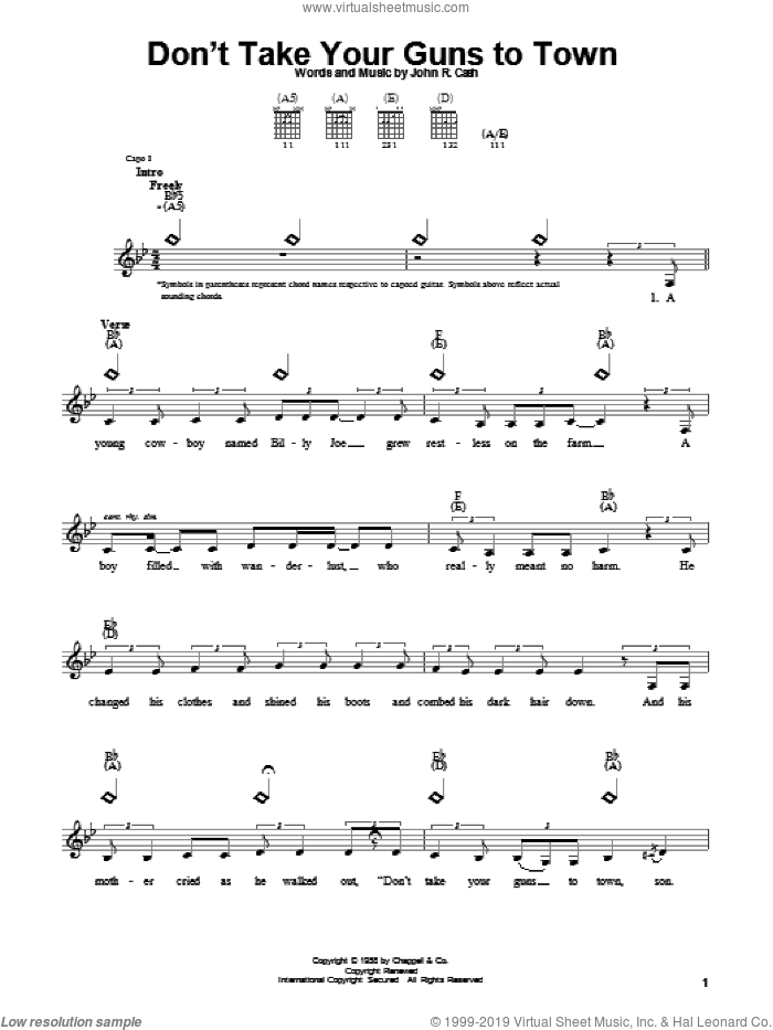 Don't Take Your Guns To Town sheet music for guitar solo (chords) by Johnny Cash, easy guitar (chords)
