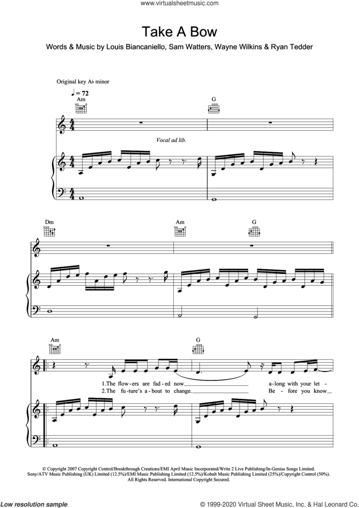 Take A Bow sheet music for voice, piano or guitar by Leona Lewis, Louis Biancaniello, Ryan Tedder, Sam Watters and Wayne Wilkins, intermediate skill level