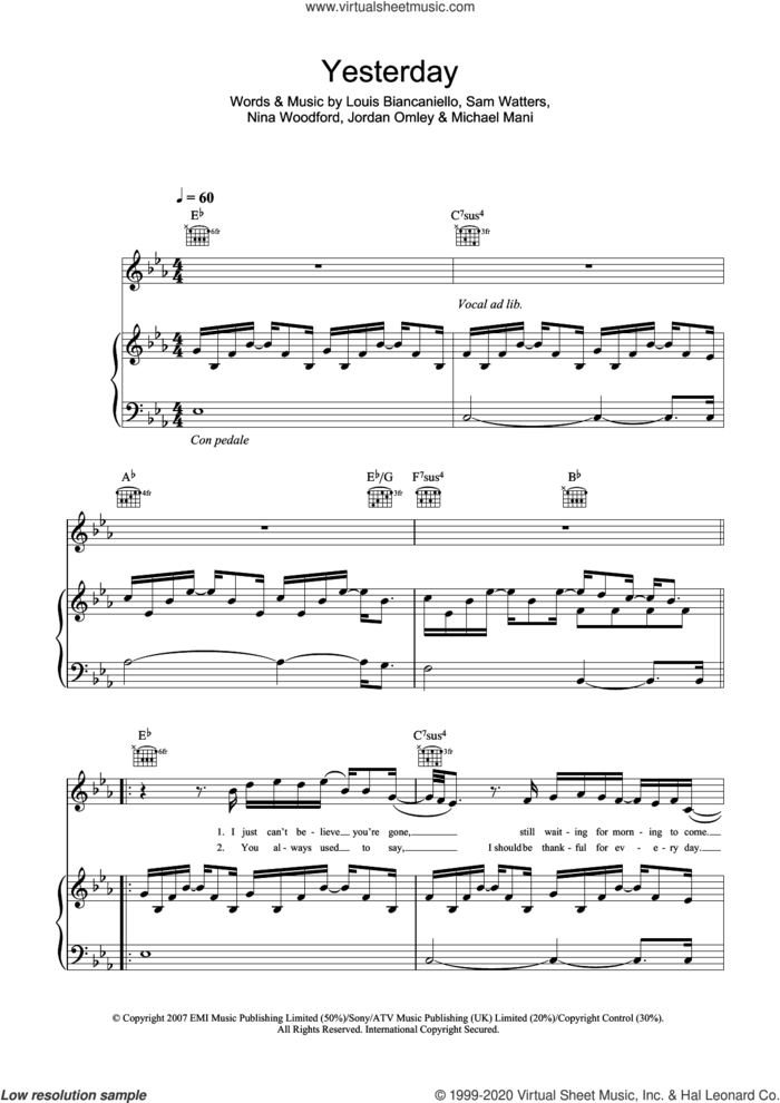 Yesterday sheet music for voice, piano or guitar by Leona Lewis, Jordan Omley, Louis Biancaniello, Michael Mani, Nina Woodford and Sam Watters, intermediate skill level