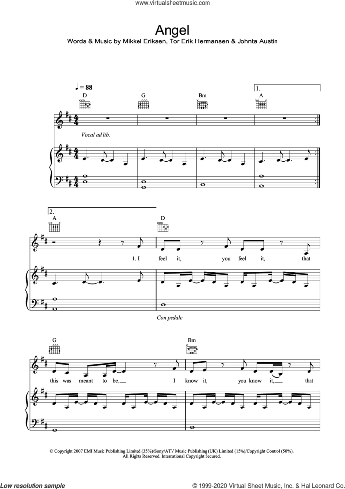 Angel sheet music for voice, piano or guitar by Leona Lewis, Johnta Austin, Mikkel Eriksen and Tor Erik Hermansen, intermediate skill level