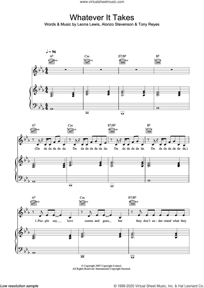 Whatever It Takes sheet music for voice, piano or guitar by Leona Lewis, Alonzo Stevenson and Tony Reyes, intermediate skill level