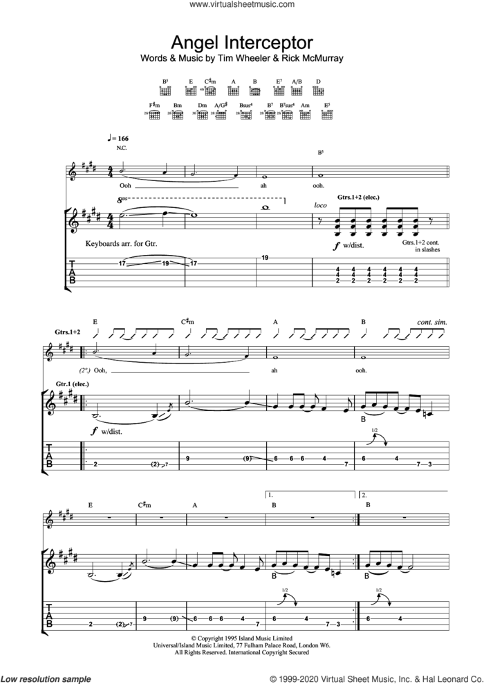 Angel Interceptor sheet music for guitar (tablature) by Tim Wheeler, intermediate skill level