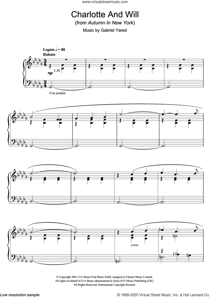 Charlotte And Will (from Autumn In New York) sheet music for piano solo by Gabriel Yared, intermediate skill level