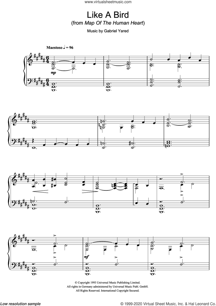 Like A Bird (from Map Of The Human Heart) sheet music for piano solo by Gabriel Yared, intermediate skill level