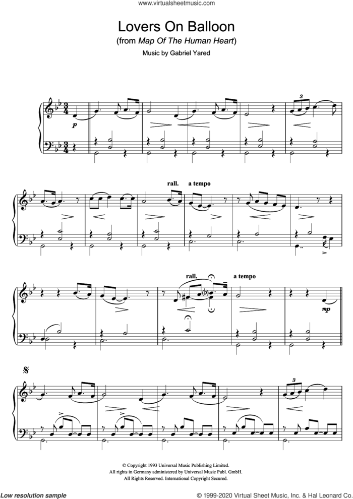 Lovers On Balloon (from Map Of The Human Heart) sheet music for piano solo by Gabriel Yared, intermediate skill level
