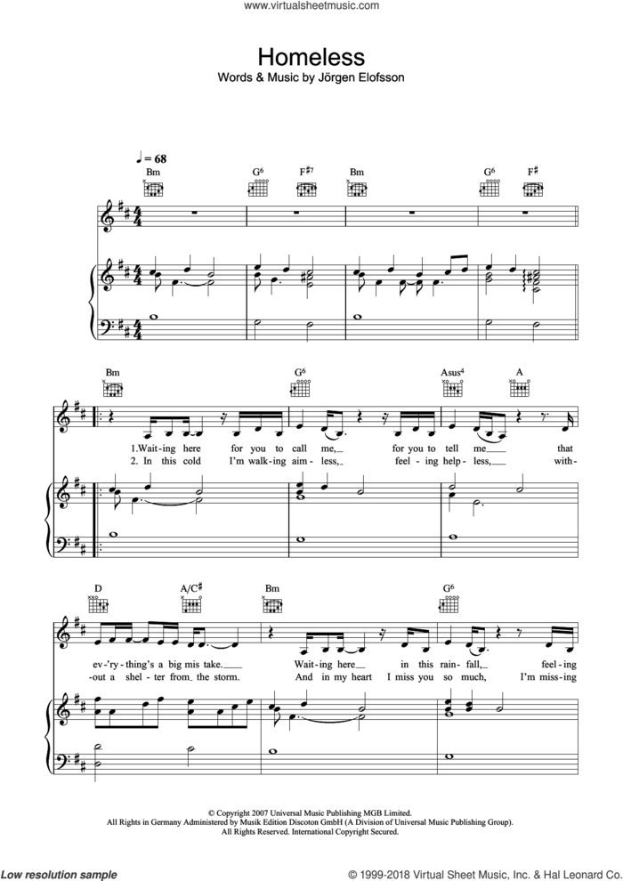 Homeless sheet music for voice, piano or guitar by Leona Lewis and Jorgen Elofsson, intermediate skill level