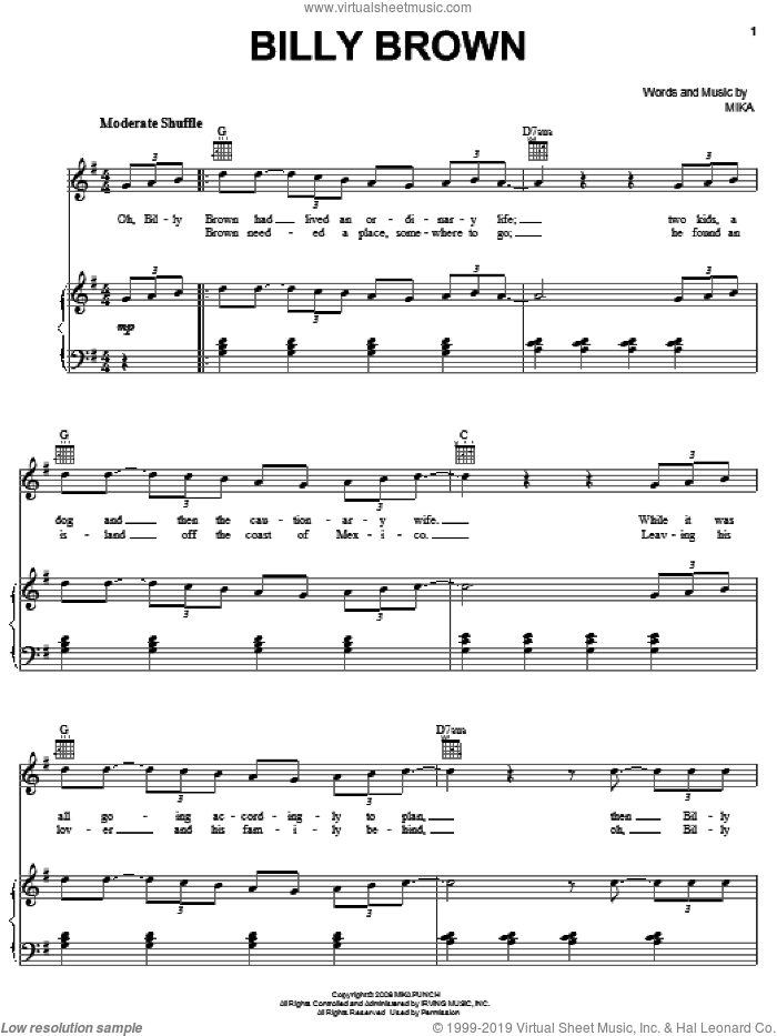 Billy Brown sheet music for voice, piano or guitar by Mika, intermediate skill level