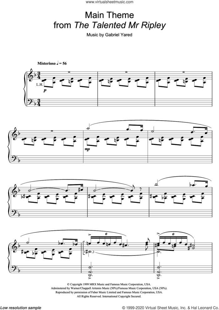 Main Theme (from The Talented Mr Ripley) sheet music for piano solo by Gabriel Yared, intermediate skill level