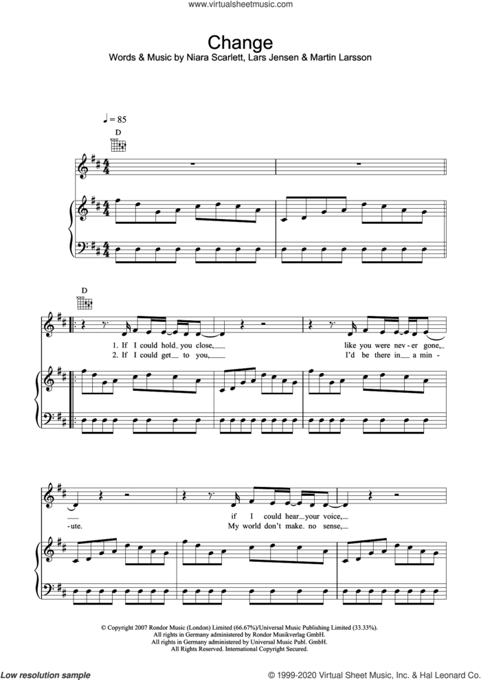 Change sheet music for voice, piano or guitar by Sugababes, Lars Jensen, Martin Larsson and Niara Scarlett, intermediate skill level