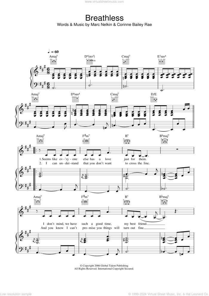 Breathless sheet music for voice, piano or guitar by Corinne Bailey Rae and Marc Nelkin, intermediate skill level