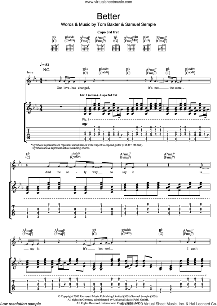 Better sheet music for guitar (tablature) by Tom Baxter and Samuel Semple, intermediate skill level