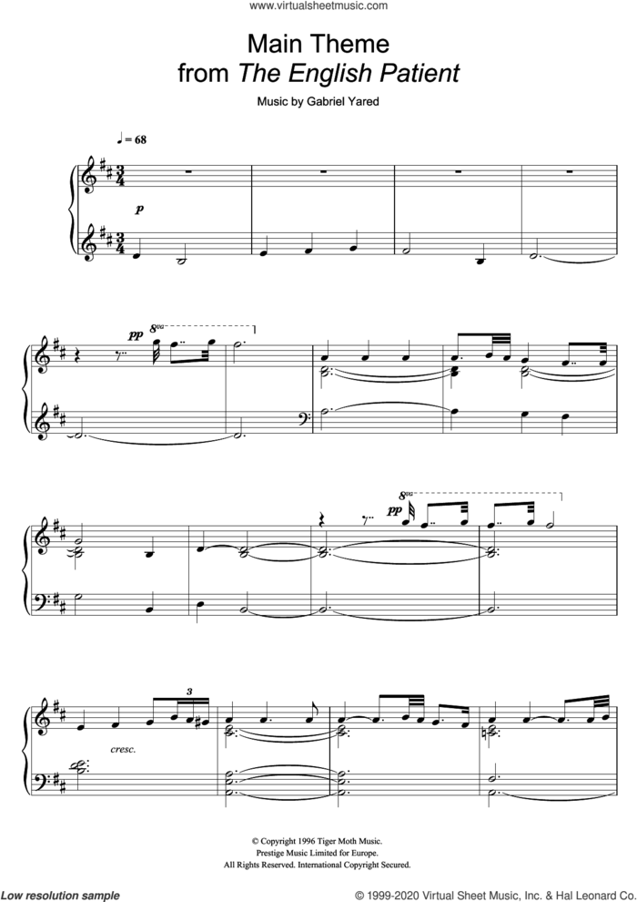 Main Theme (from The English Patient) sheet music for piano solo by Gabriel Yared, intermediate skill level