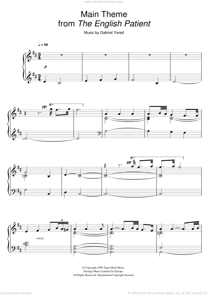 Main Theme (from The English Patient) sheet music for piano solo by Gabriel Yared, intermediate skill level