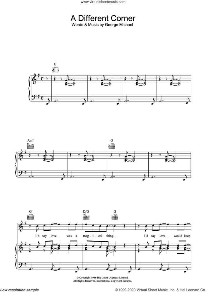 A Different Corner sheet music for voice, piano or guitar by George Michael, intermediate skill level
